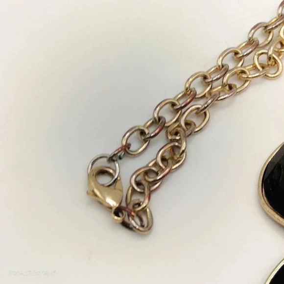 Unsigned Gold Tone Black Cabochons Bib Style Link Necklace Boho - Picture 3 of 6